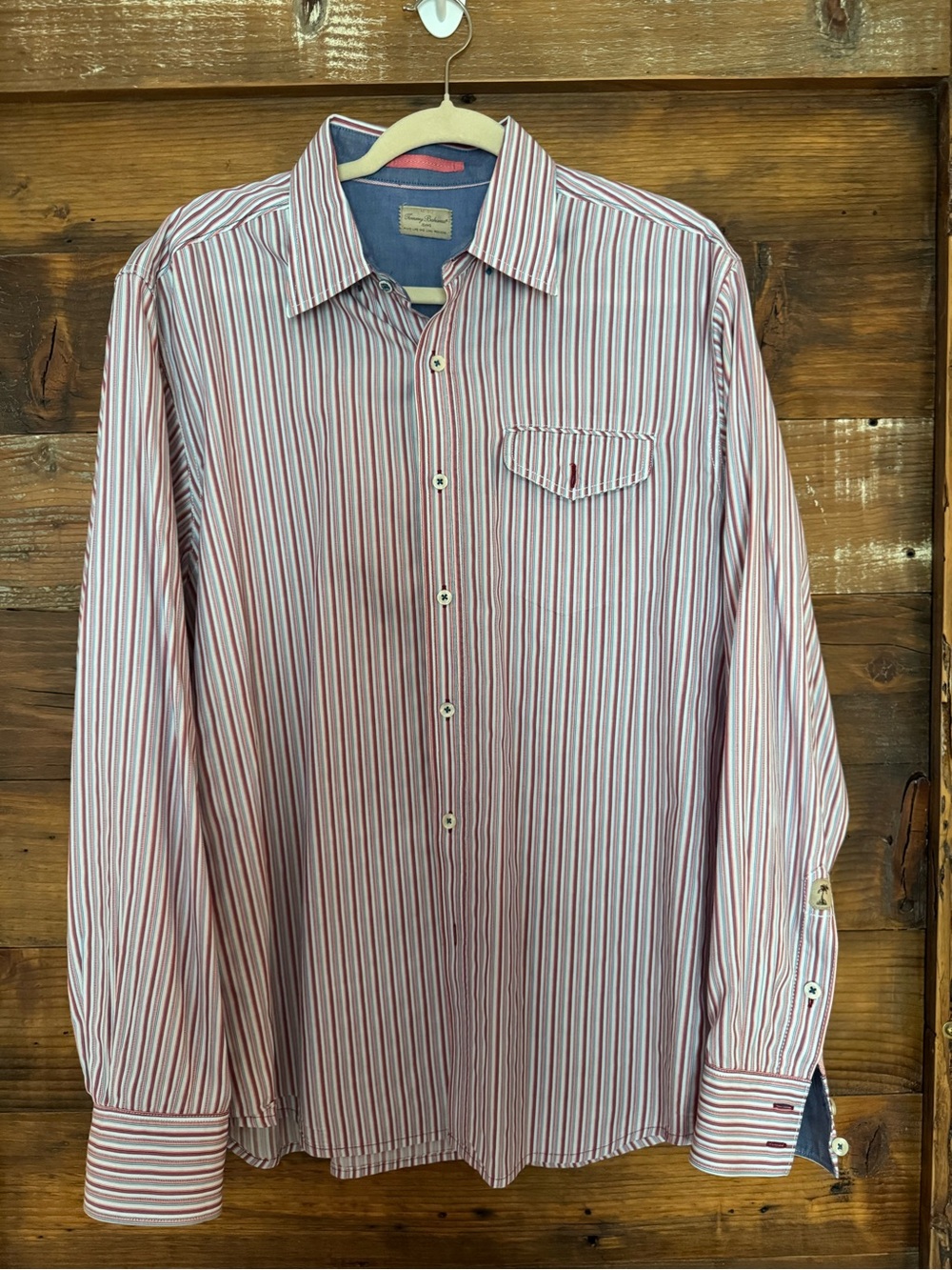 Tommy Bahama Jeans Men’s Large Red Blue Stripe 100% Cotton Dress Shirt